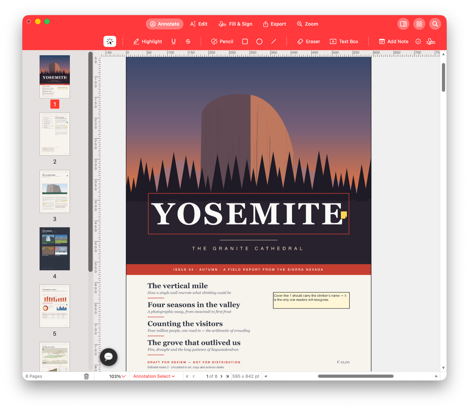 Pdf Editor Pro document workspace with page thumbnails, annotation toolbar and a PDF cover page open.