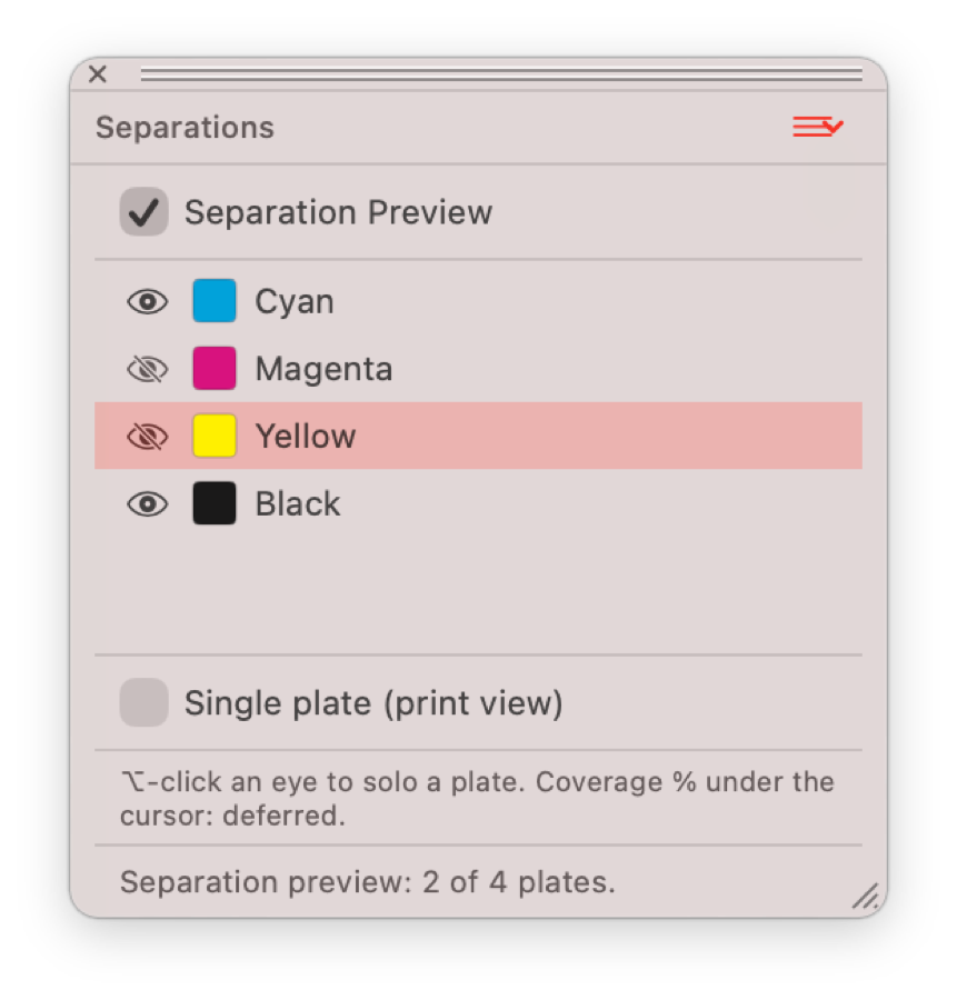 Separations palette showing cyan, magenta, yellow and black plates.